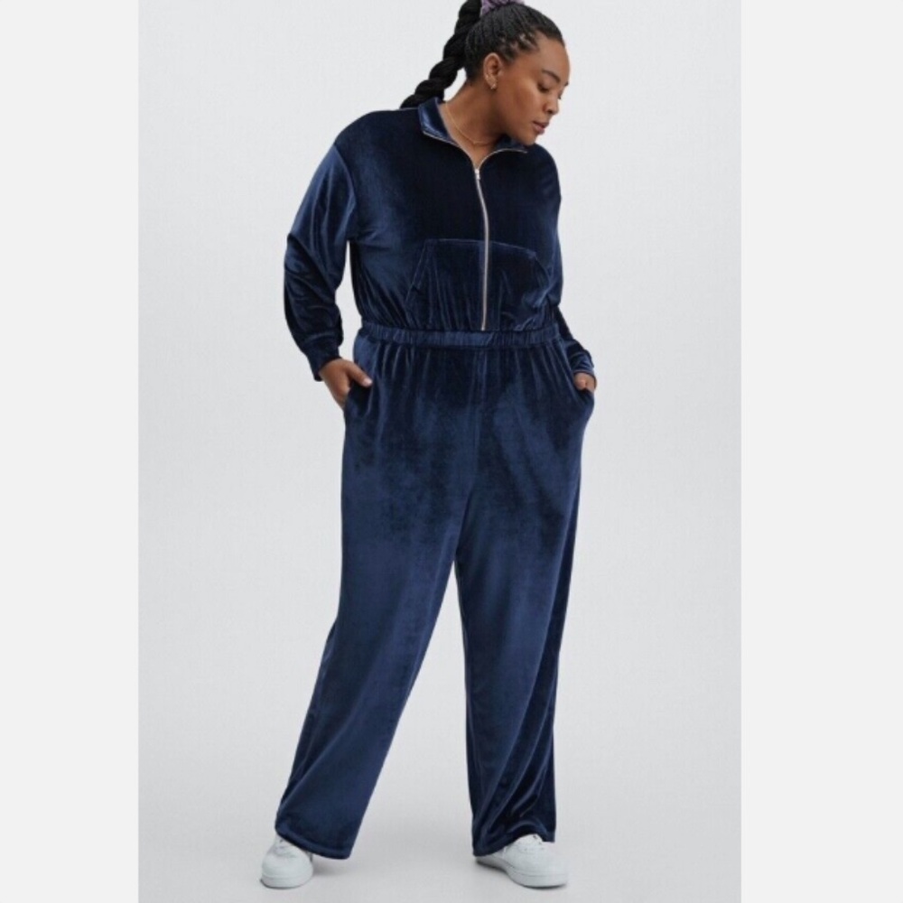 Fabletics Velour Zip-Up Wide Leg Jumpsuit Women Size 3X Navy Blue